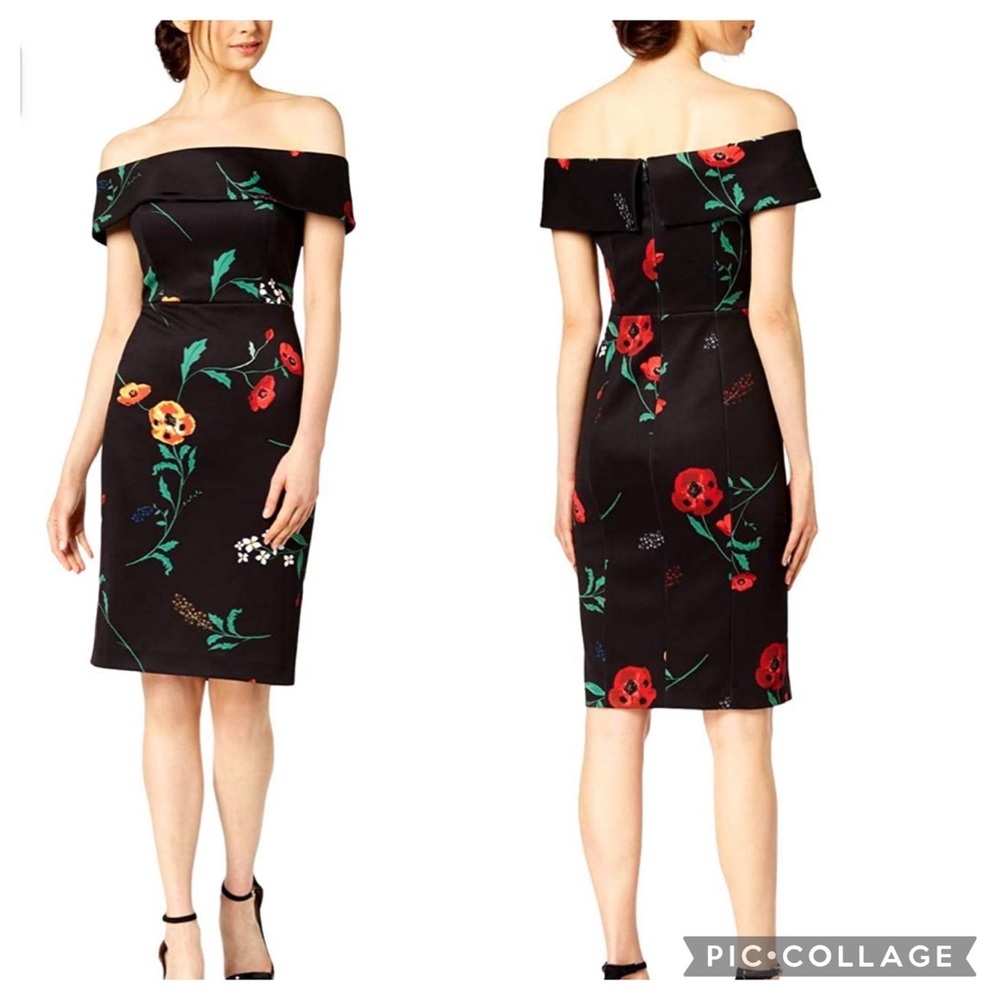 Calvin Klein Off-Shoulder Poppy Sheath Dress EUC